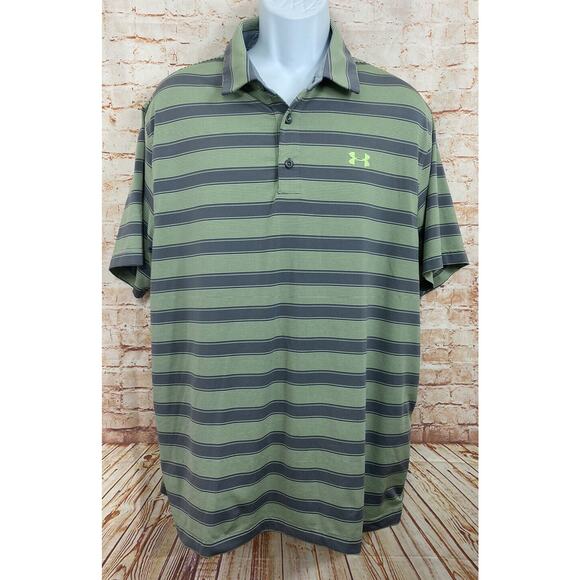 Men's Under Armour Loose Heatgear Polo Shirt Sz XL Green Gray Striped Athletic - Picture 6 of 6